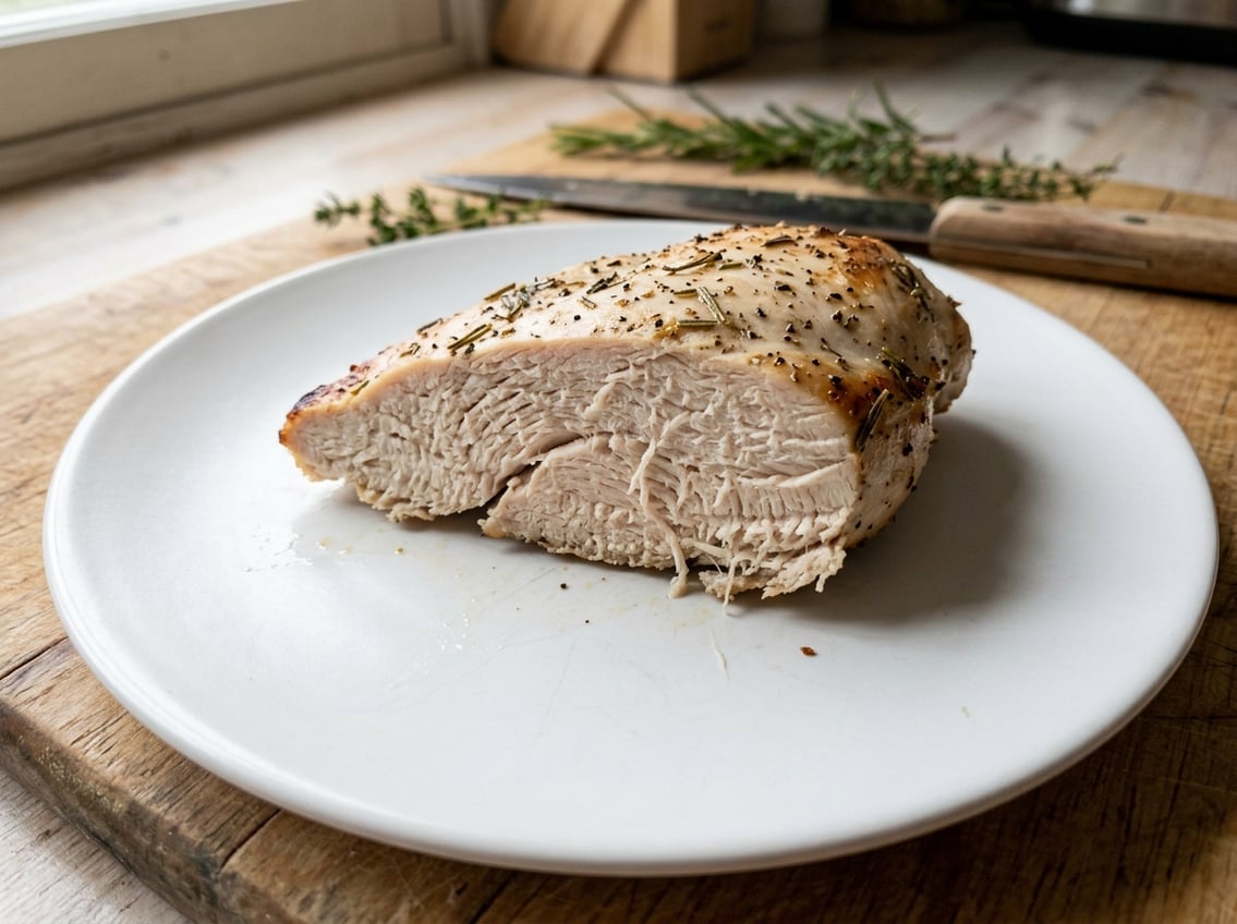 Close-up of a sliced cooked chicken breast on a plate showing a dry, fibrous texture with kitchen items blurred in the background.