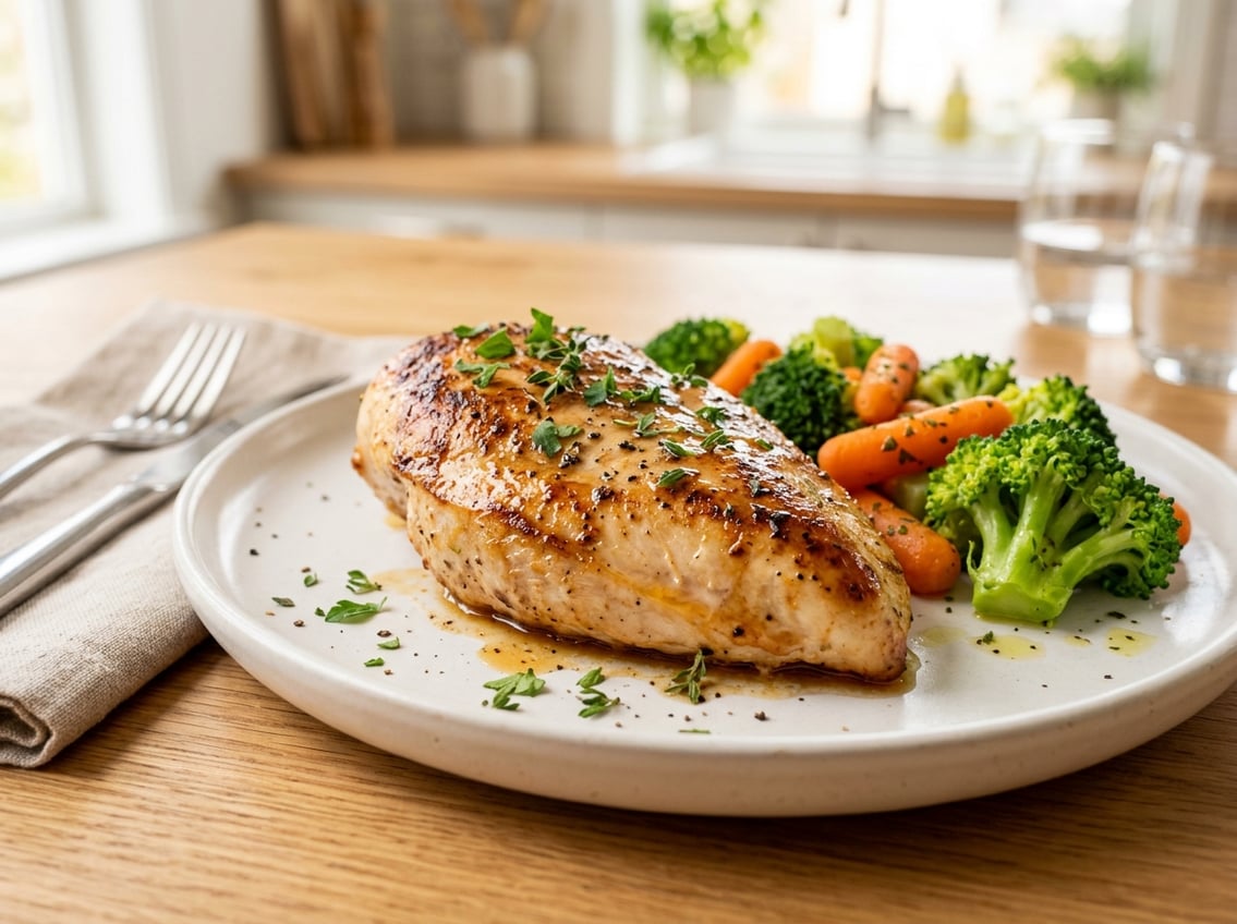 A cooked chicken breast on a white plate garnished with herbs and served with steamed vegetables.