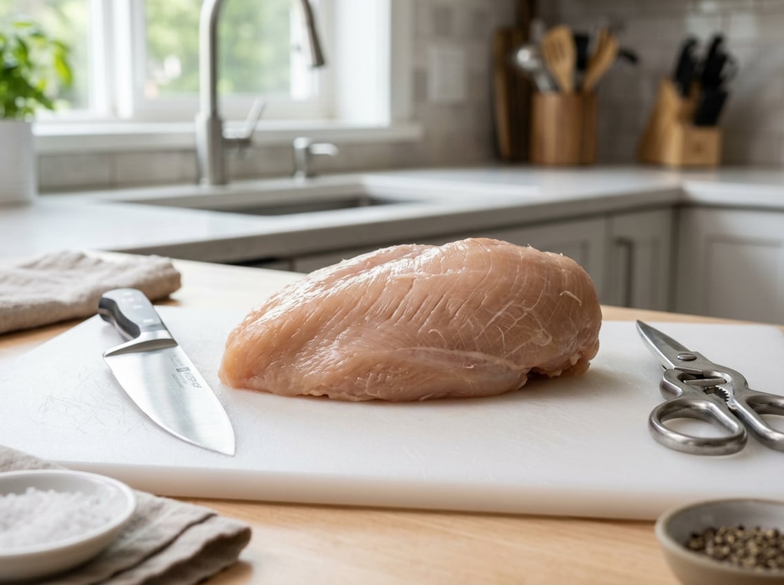 Close-up of a raw chicken breast on a cutting board with kitchen knife and shears in a kitchen.
