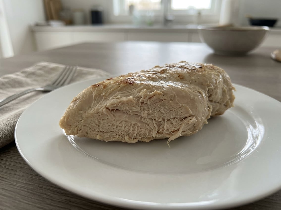 Close-up of a cooked chicken breast on a white plate showing a dry and tough texture.