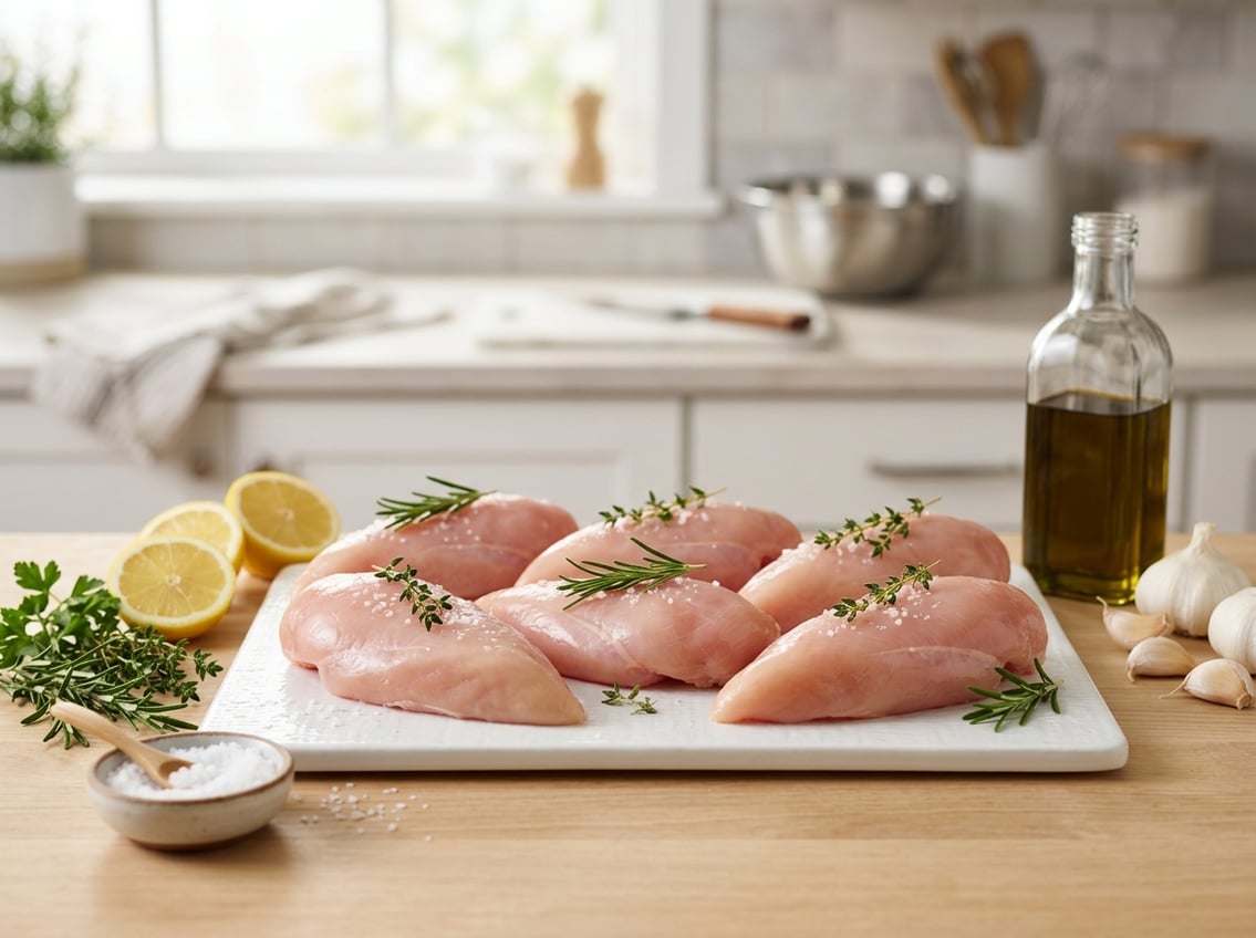 Fresh raw chicken breasts on a white cutting board with herbs and cooking ingredients in a kitchen.