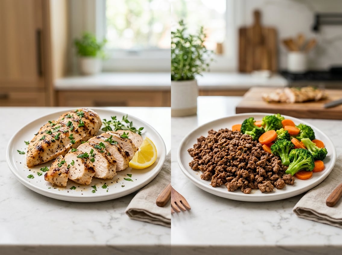 Two plates on a kitchen countertop showing grilled chicken breast on one and cooked ground beef with vegetables on the other.