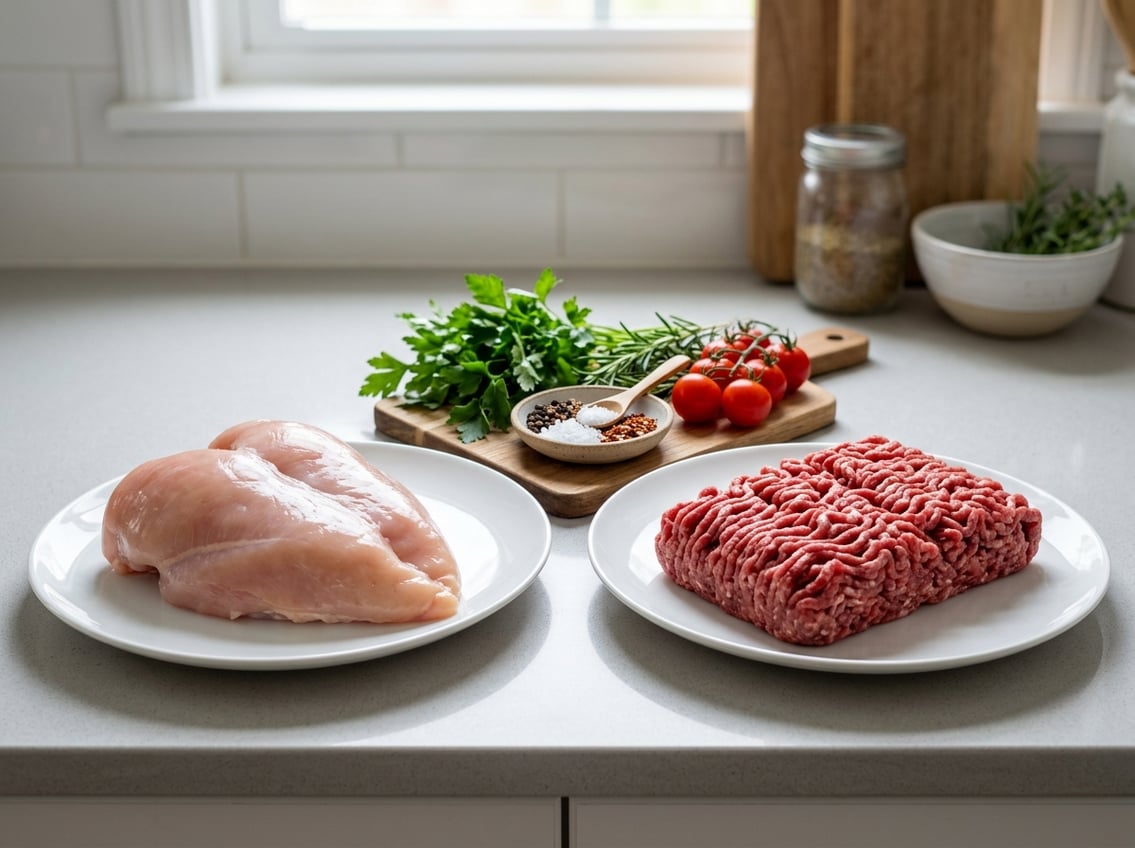 A kitchen countertop with a raw chicken breast on one plate and raw ground beef on another plate, surrounded by fresh vegetables.