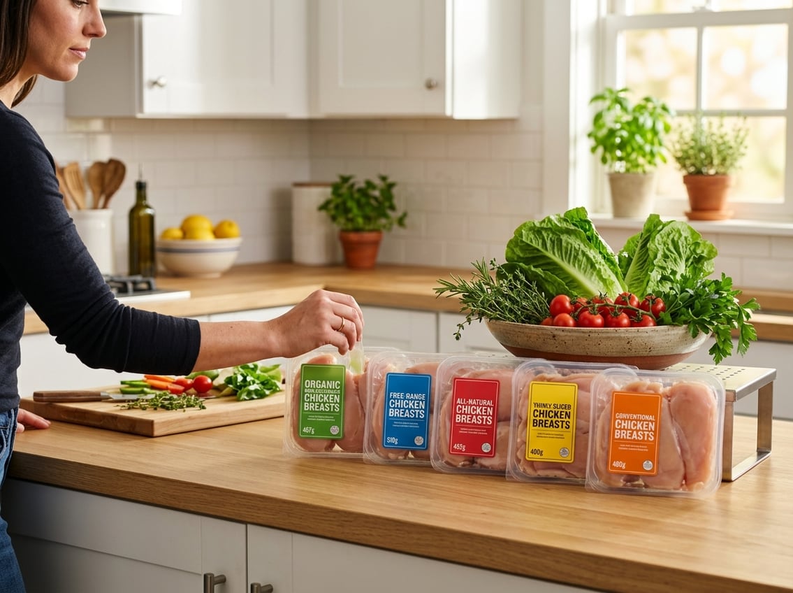 A person selecting a package of chicken breasts from several options displayed on a kitchen countertop with fresh vegetables nearby.