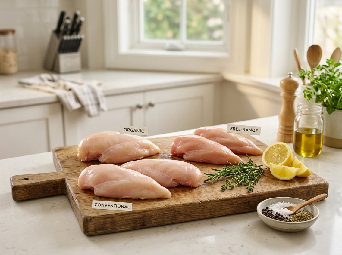 Various types of fresh chicken breasts arranged on a cutting board with herbs and lemon in a bright kitchen.