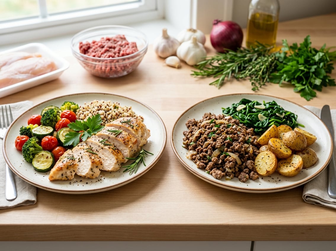 Two plates on a kitchen countertop, one with sliced cooked chicken breast and vegetables, the other with seasoned ground beef and sides, surrounded by fresh ingredients.