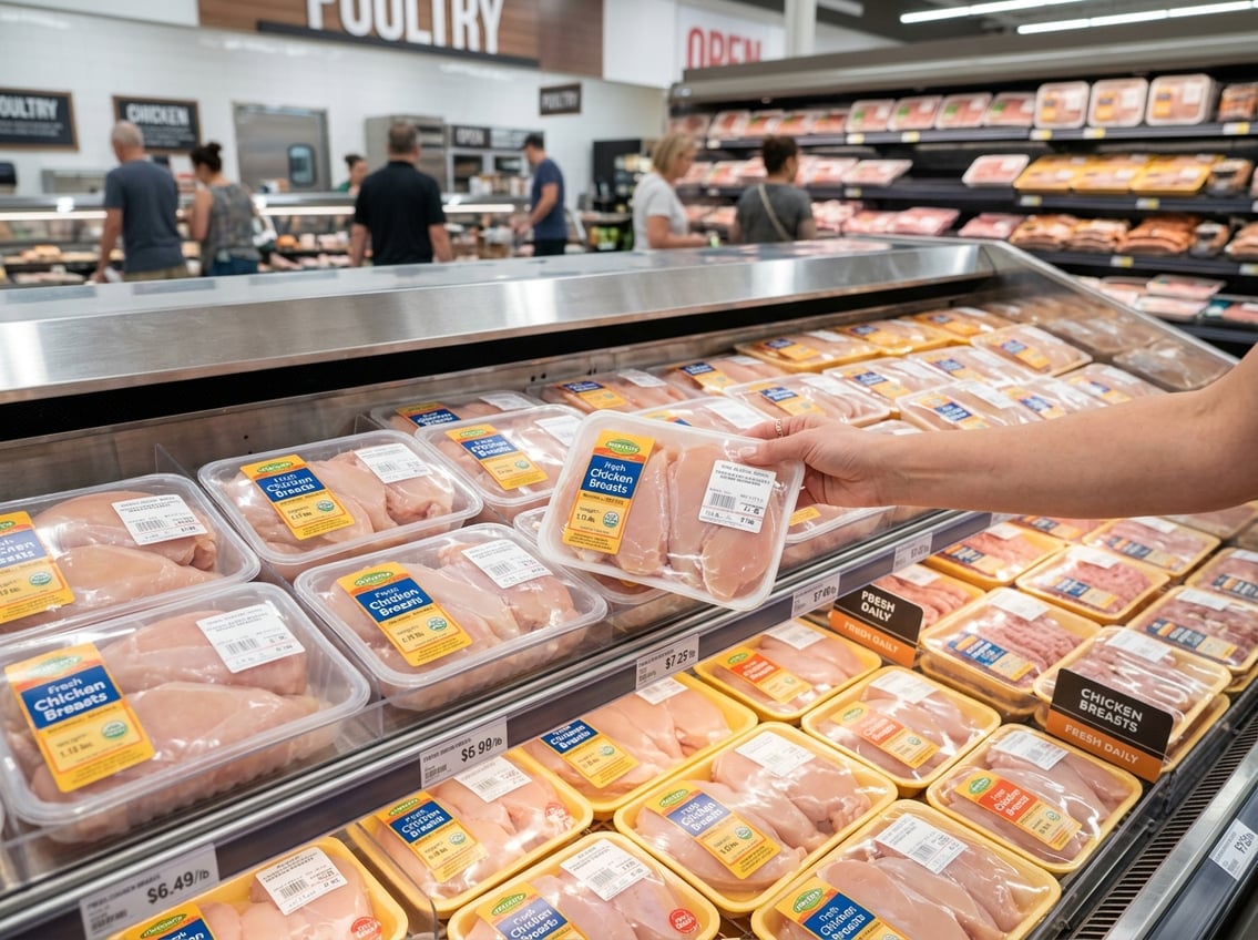 A shopper selecting fresh packaged chicken breasts in a clean grocery store poultry section.
