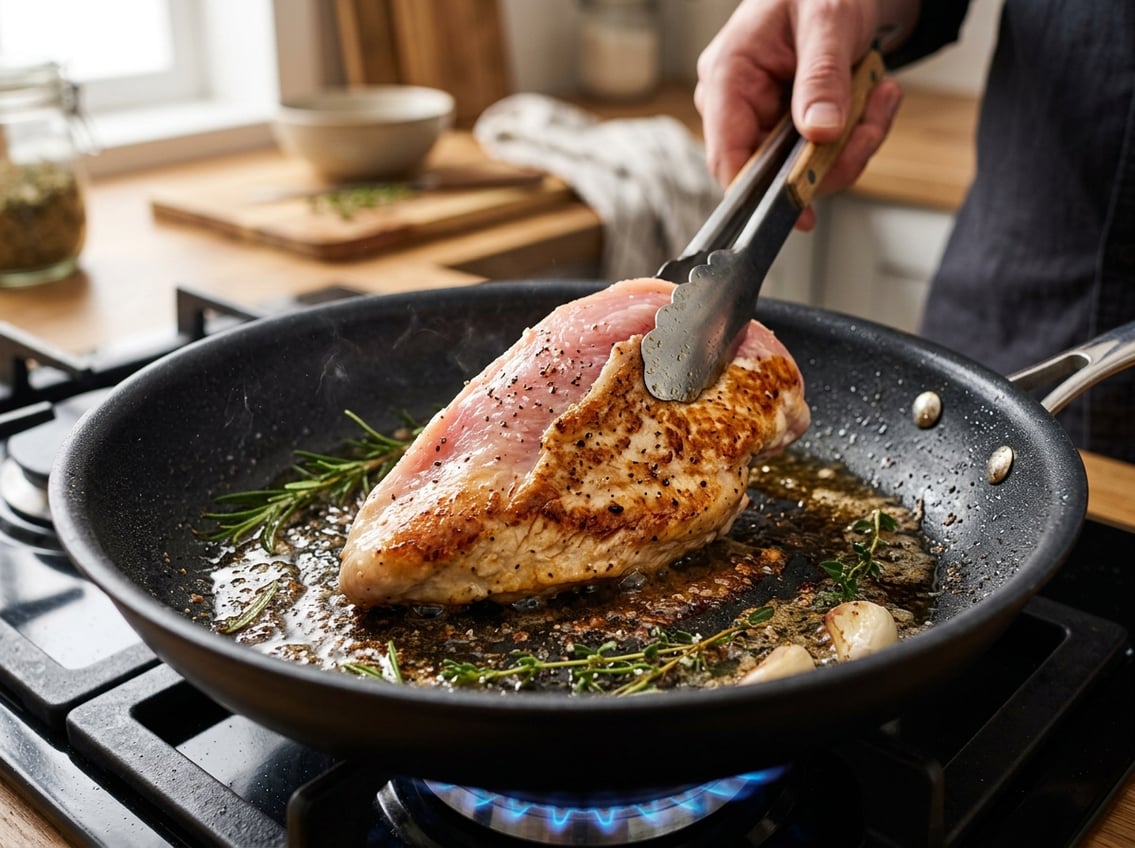 Close-up of a chicken breast cooking in a skillet with one side browned and the other side raw.