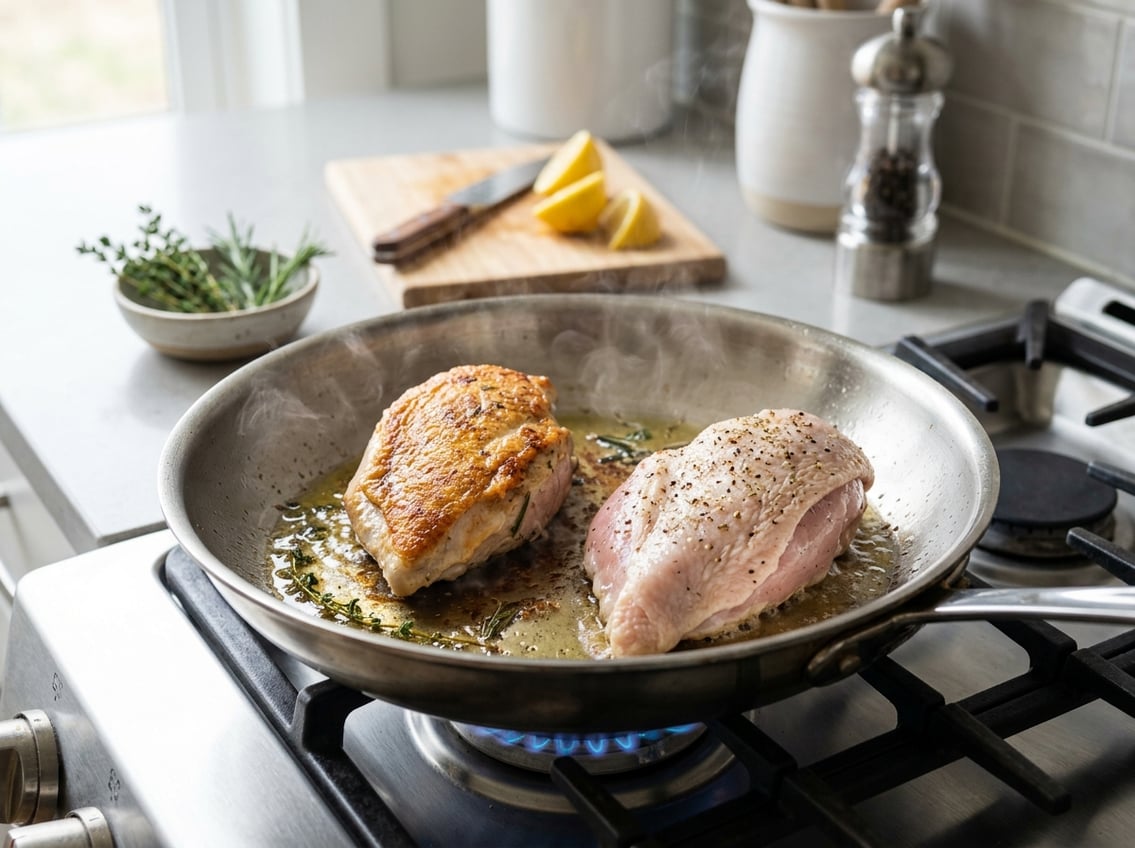 Two chicken breasts cooking in a frying pan on a stovetop, one skin side up and the other skin side down, with steam rising in a modern kitchen.