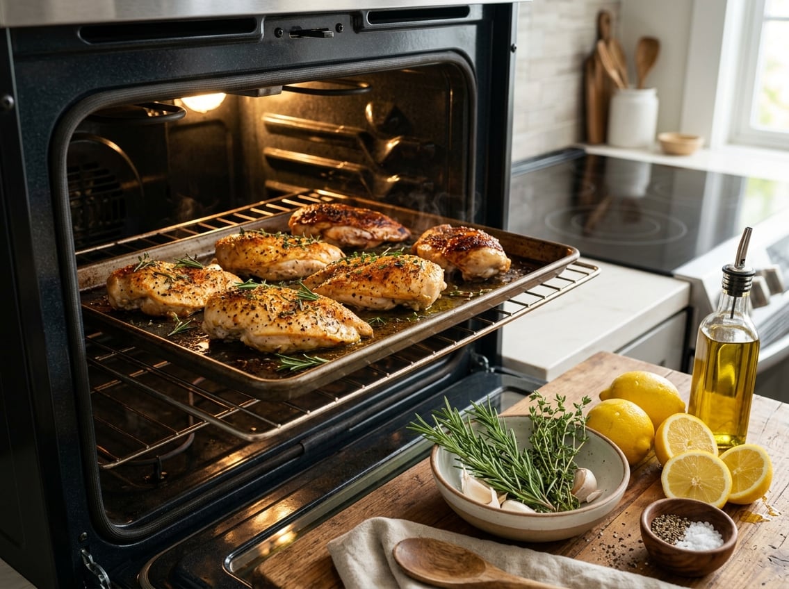 Close-up of chicken breasts roasting in an oven with fresh herbs and ingredients on a kitchen countertop.