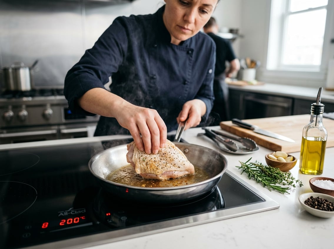 Close-up of a chef placing a raw chicken breast skin-side down on a hot skillet in a kitchen with fresh herbs and garlic nearby.