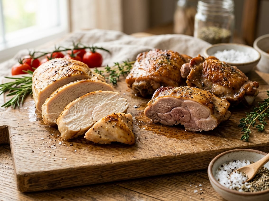 Close-up view of cooked chicken breast and chicken thigh pieces on a wooden cutting board with fresh herbs and seasoning nearby.