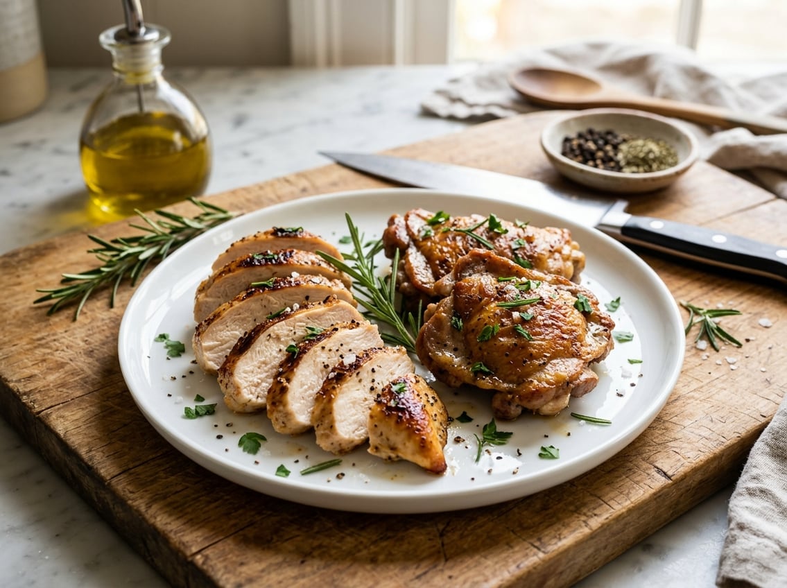 Cooked chicken breast and thigh pieces on a white plate with fresh herbs in a kitchen setting.
