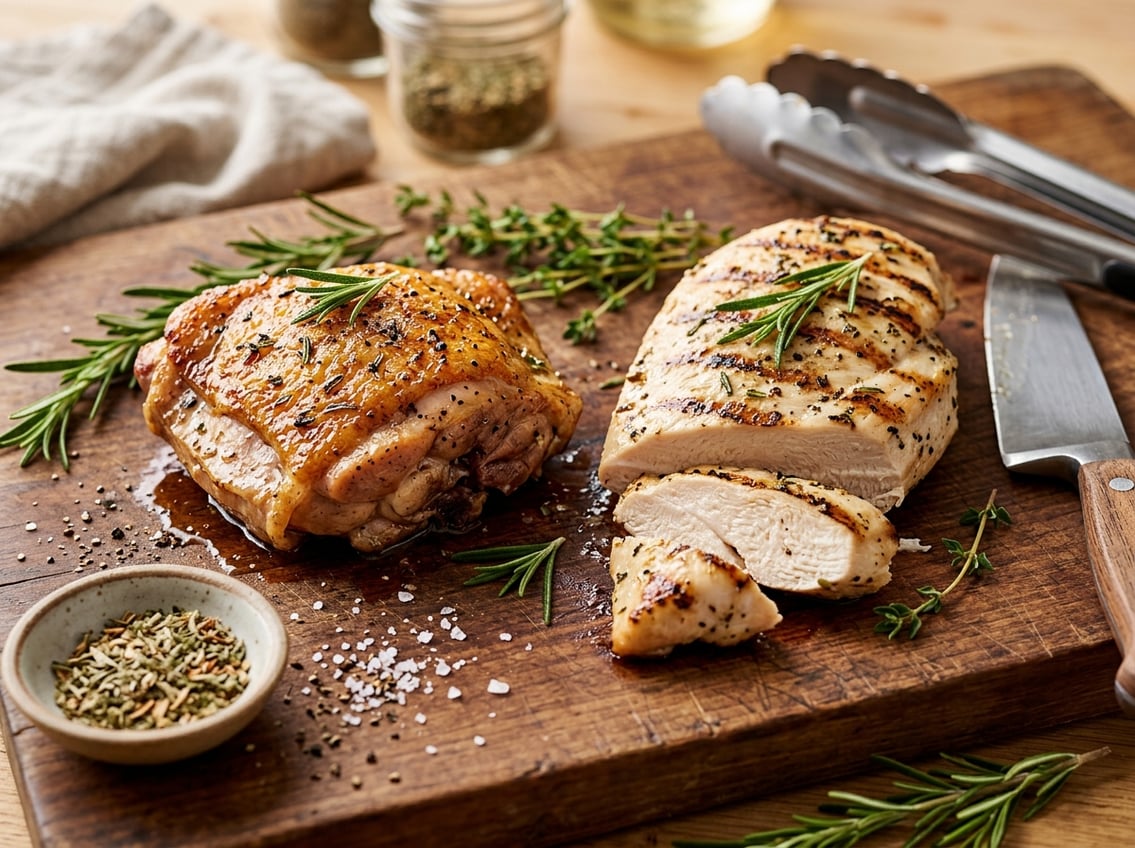Close-up of cooked chicken thigh and breast on a wooden cutting board with herbs and cooking utensils nearby.
