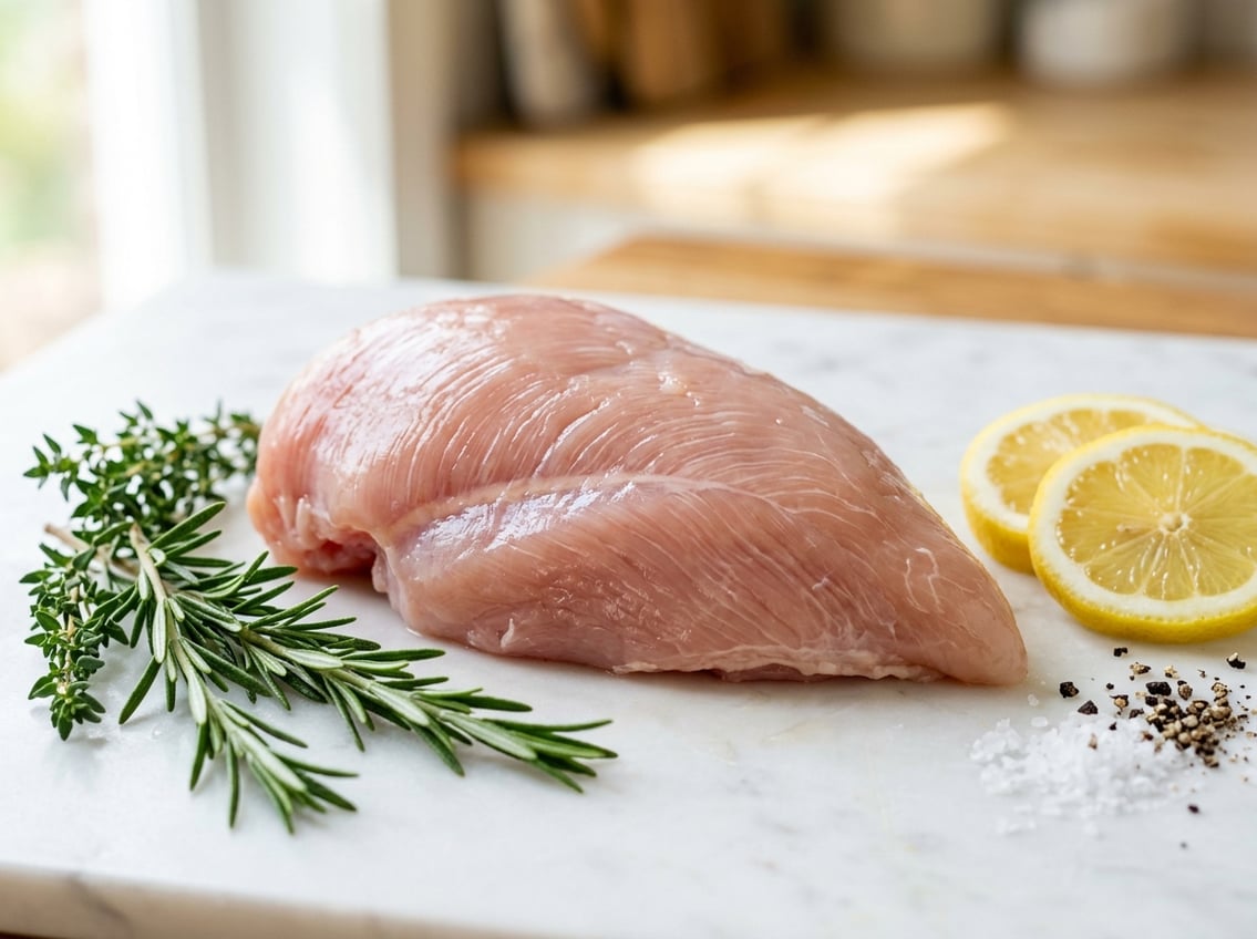 Close-up of a raw skinless chicken breast showing detailed muscle fibers on a white surface with rosemary and lemon slices nearby.