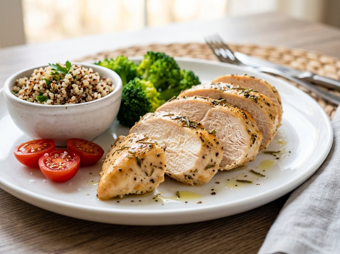 Close-up of a sliced cooked chicken breast on a white plate with quinoa, broccoli, and cherry tomatoes.