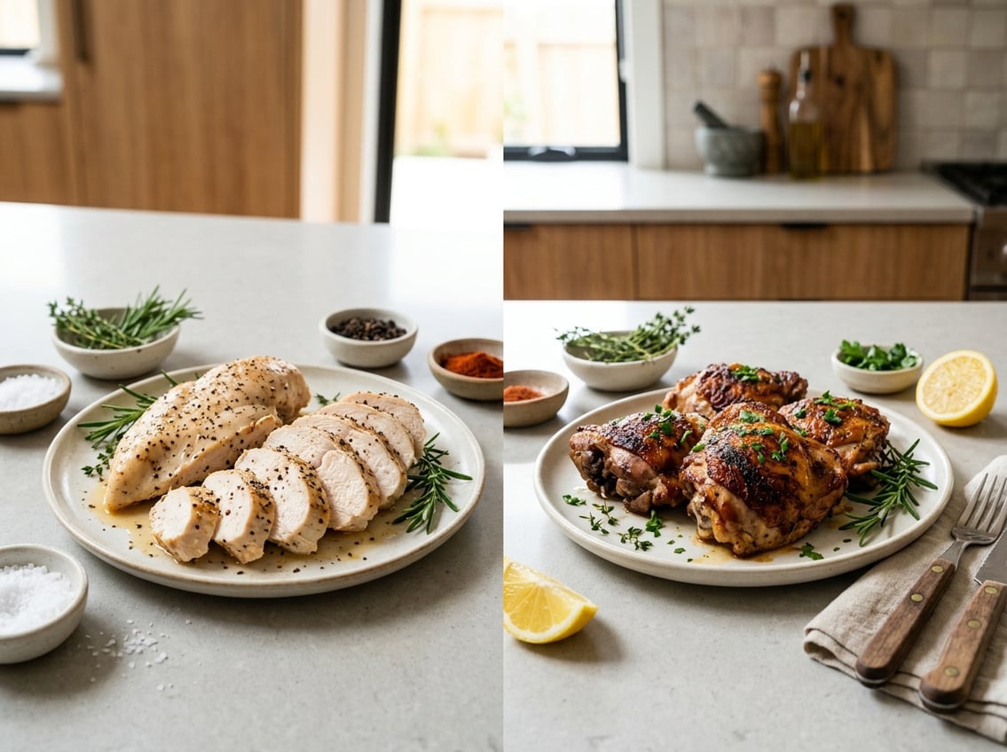 Two plates on a kitchen countertop, one with sliced chicken breasts and the other with roasted chicken thighs, surrounded by fresh herbs and spices.