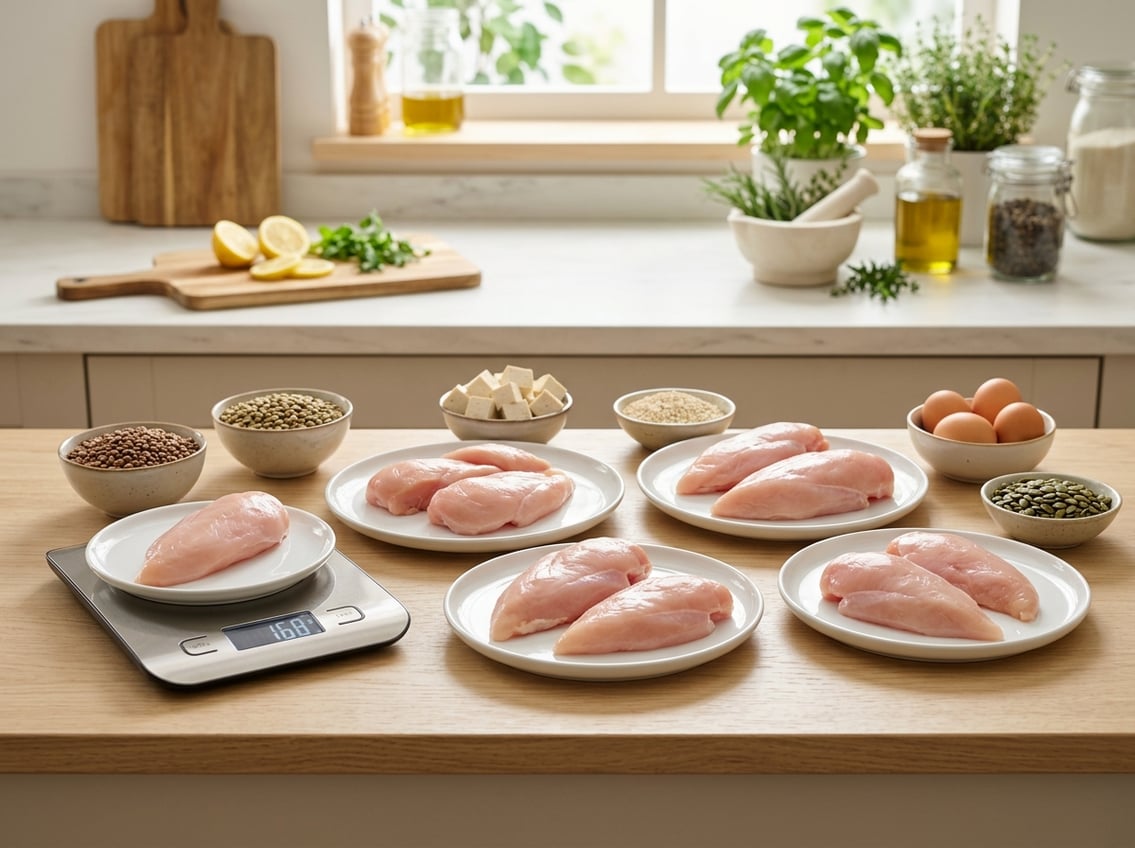 A kitchen countertop with plates of chicken breast and bowls of other protein foods arranged alongside a digital kitchen scale.