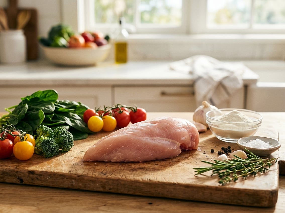 Fresh raw chicken breast on a wooden cutting board surrounded by vegetables and a bowl of seasoning in a bright kitchen.