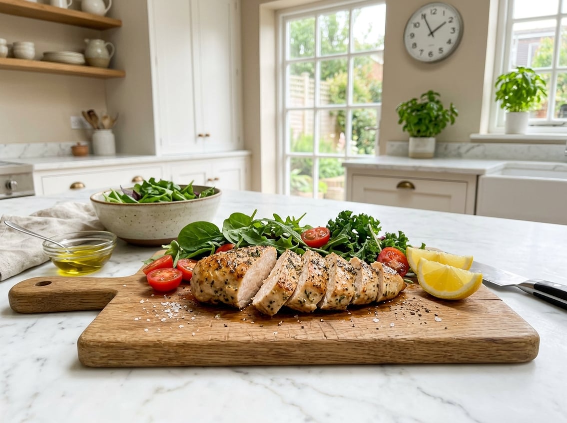 A sliced cooked chicken breast on a cutting board with fresh vegetables and a clock showing mid-morning in a bright kitchen.