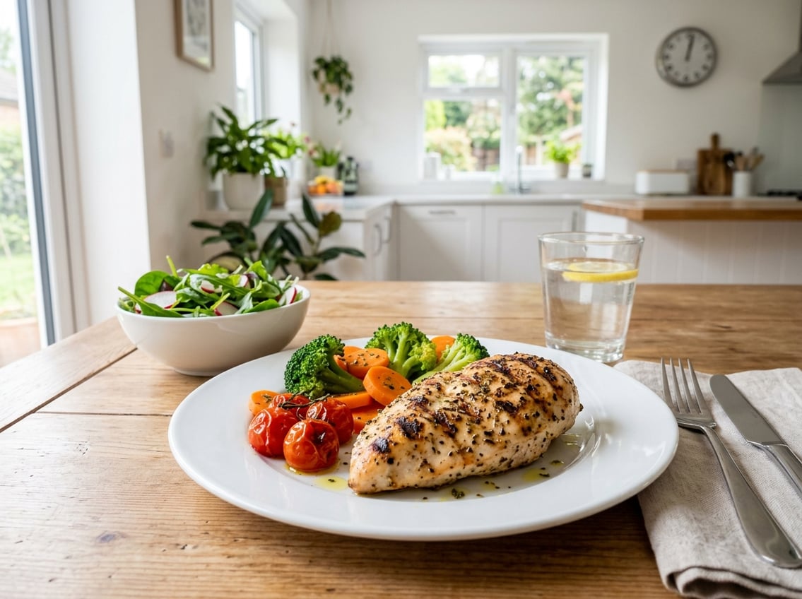 A plate with grilled chicken breast and steamed vegetables on a table in a bright kitchen with a clock in the background.