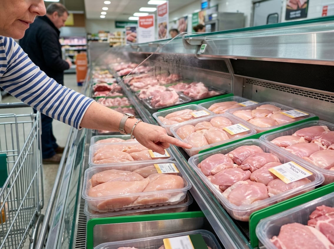 A supermarket meat case showing trays of fresh chicken breasts and thighs with a shopper's hand selecting between them.