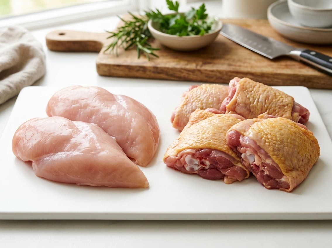 Close-up of raw chicken breast and chicken thigh pieces side by side on a white surface with a blurred kitchen background.