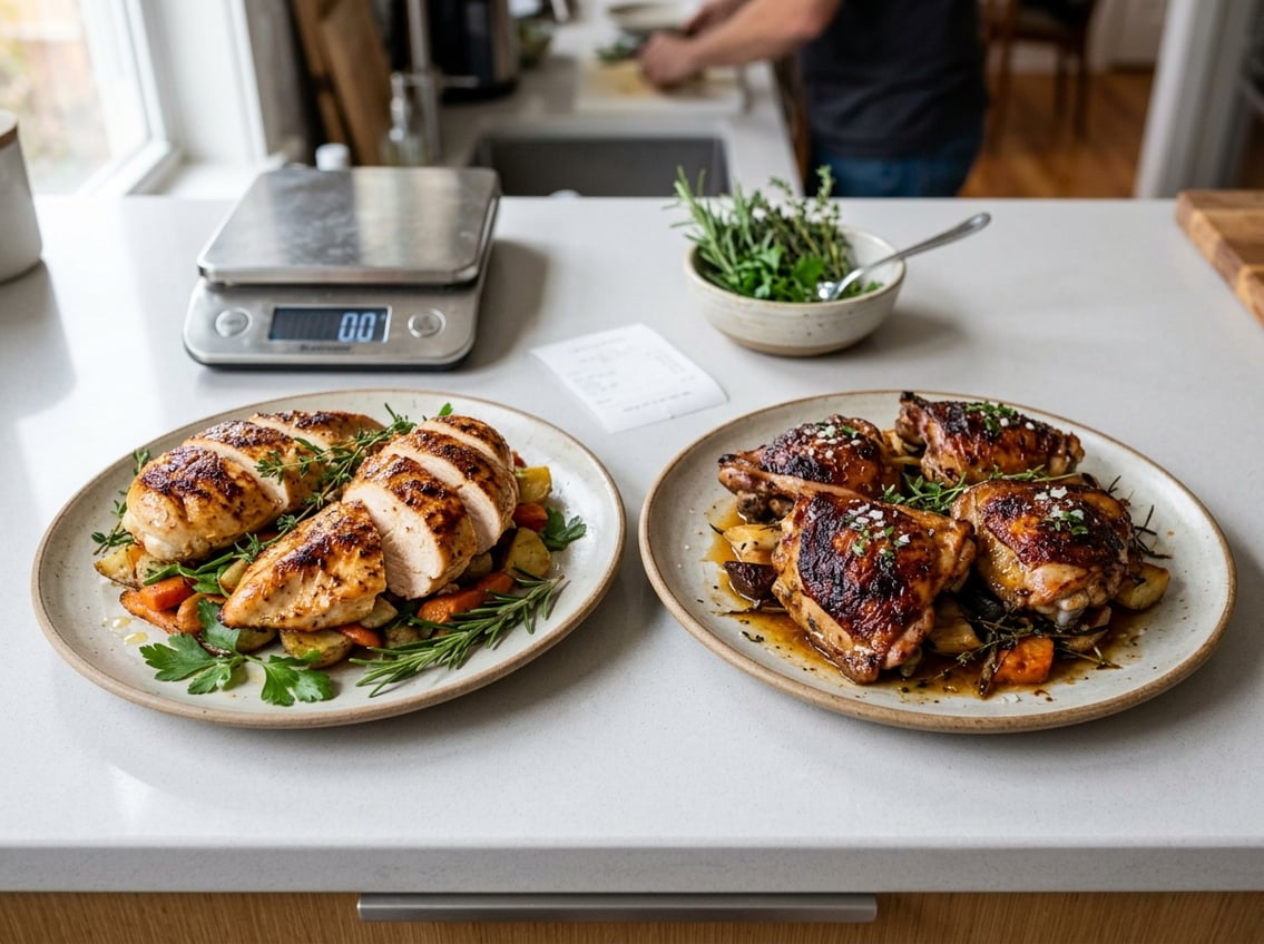 Two plates on a kitchen countertop, one with cooked chicken breasts and the other with cooked chicken thighs, displayed side by side with kitchen items around them.