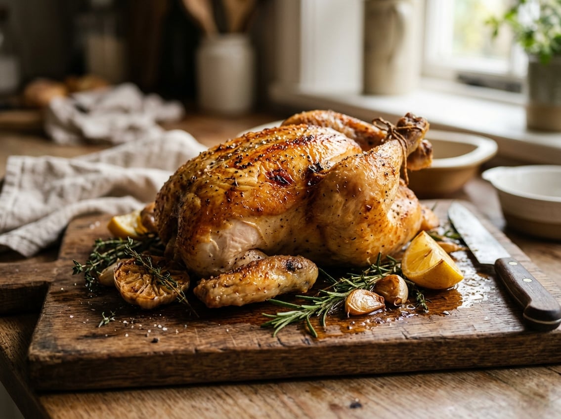 A whole roasted chicken with golden crisp skin on a wooden cutting board, surrounded by herbs, garlic, and lemon wedges.