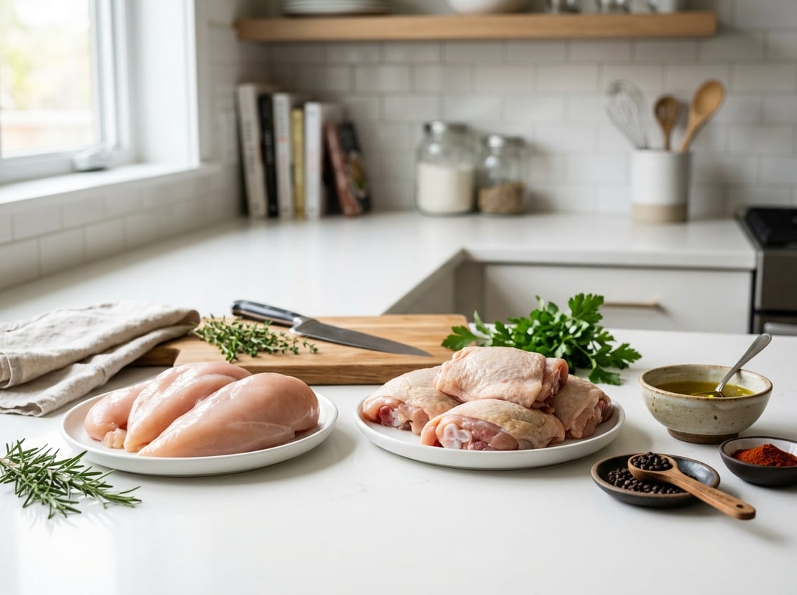 Two plates on a kitchen counter showing raw chicken breast and chicken thighs with herbs and spices nearby.