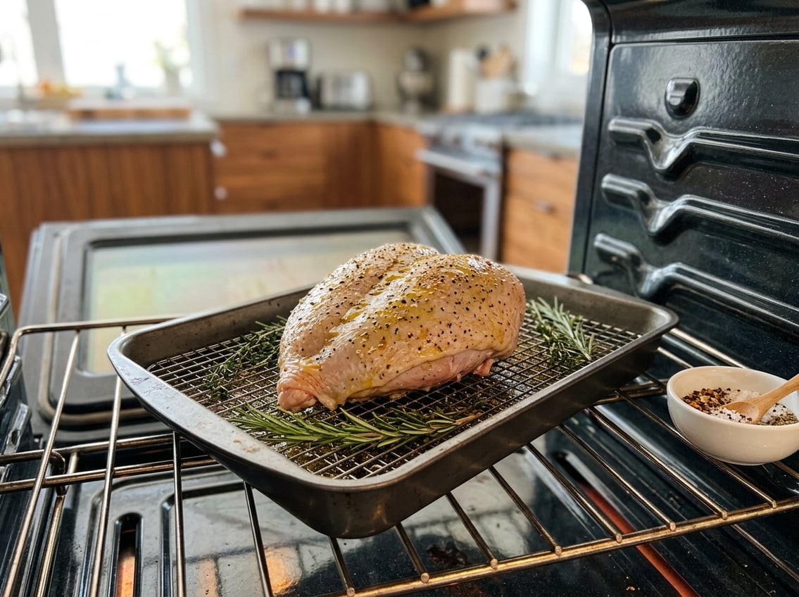 Raw chicken breast placed skin-side up on a roasting pan inside an oven, surrounded by fresh herbs and spices.