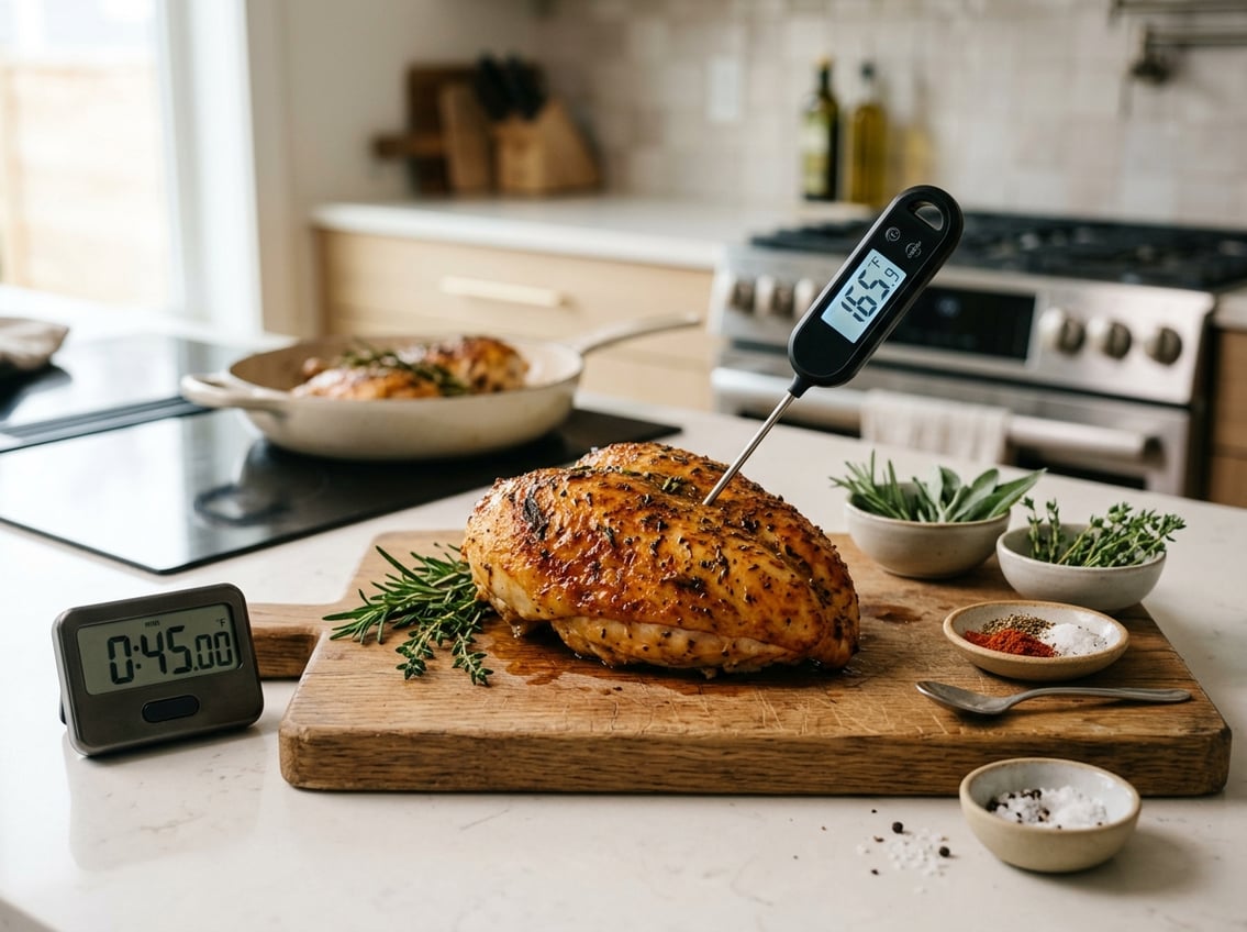 A roasted chicken breast on a cutting board with a kitchen thermometer inserted and fresh herbs nearby.