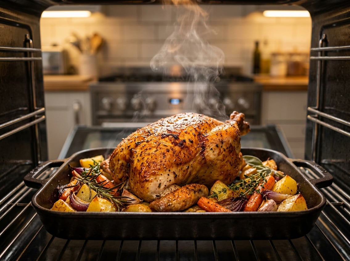 Close-up of a roasted chicken breast in a pan with herbs and vegetables in a kitchen.