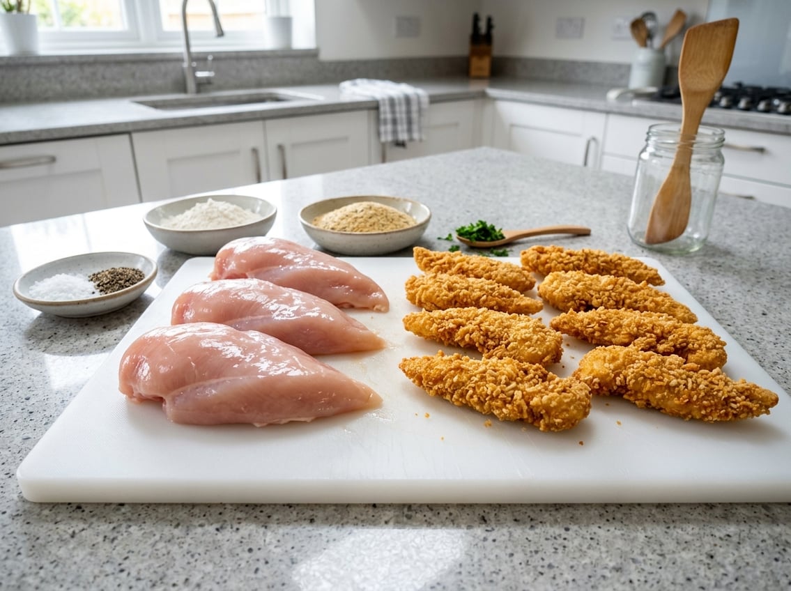 Fresh raw chicken breasts and golden brown breaded chicken tenders displayed on a white cutting board with small bowls of ingredients on a kitchen countertop.