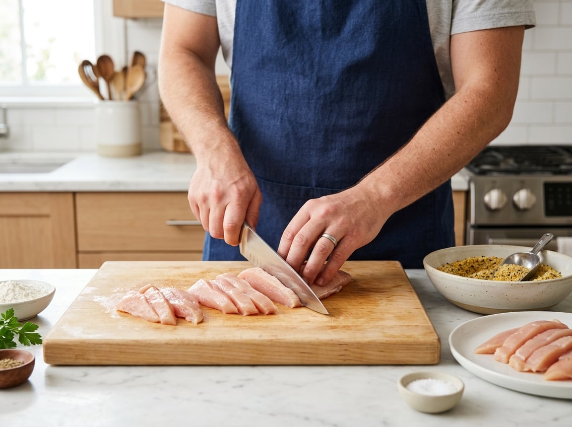 Hands slicing raw chicken breast into strips on a wooden cutting board in a kitchen.