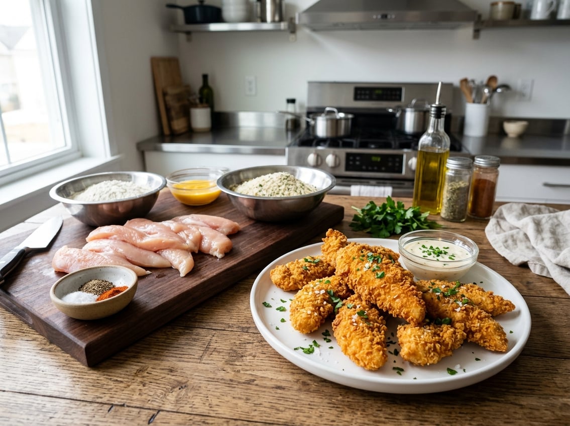 A plate of crispy chicken tenders next to raw chicken breasts and cooking ingredients on a kitchen countertop.
