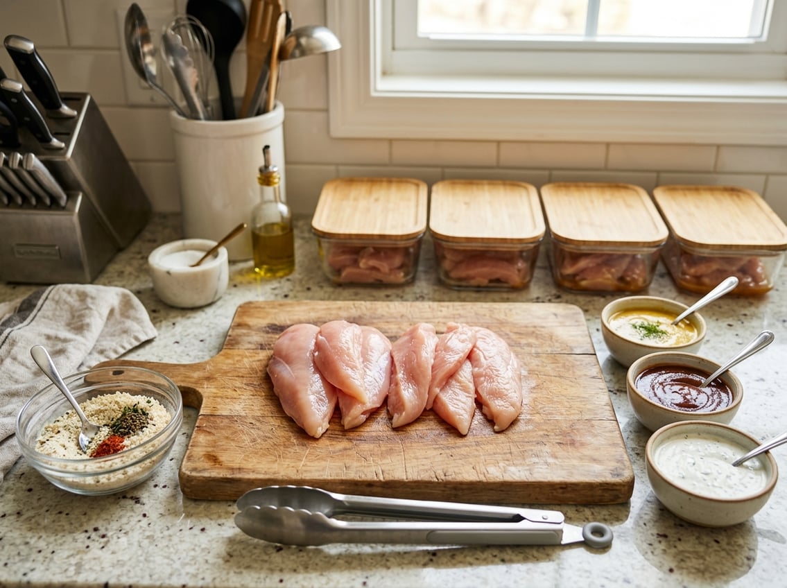 Raw chicken breasts on a cutting board with bowls of sauces and coating ingredients, kitchen tongs, and glass containers with prepared chicken tenders on a countertop.