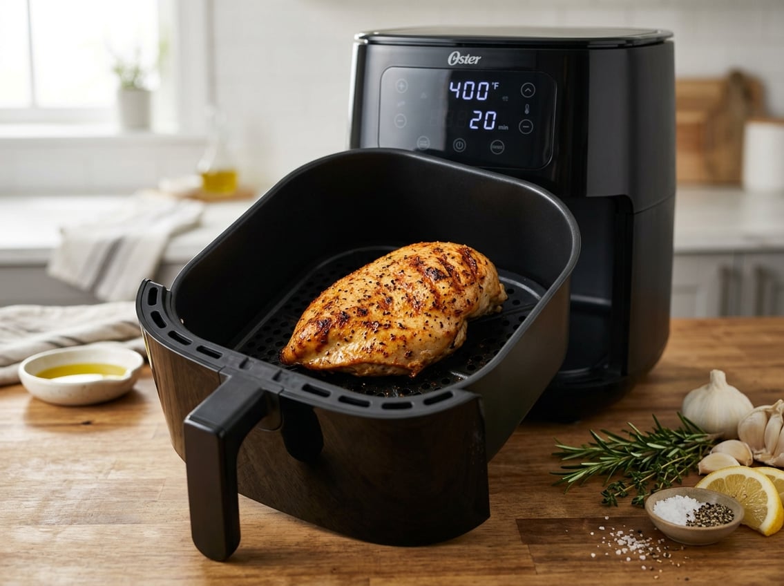 A perfectly cooked chicken breast inside an open air fryer basket on a kitchen countertop with fresh herbs and lemon slices nearby.
