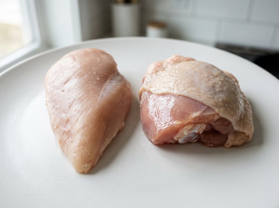 Raw chicken breast and chicken thigh placed side by side on a white surface showing texture differences.