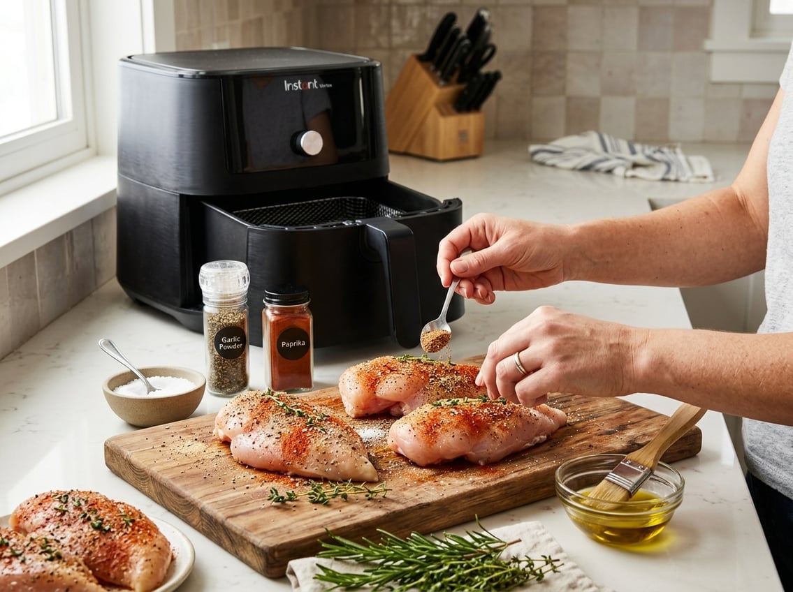 Hands seasoning raw chicken breasts on a cutting board with spices and an open air fryer nearby in a kitchen.