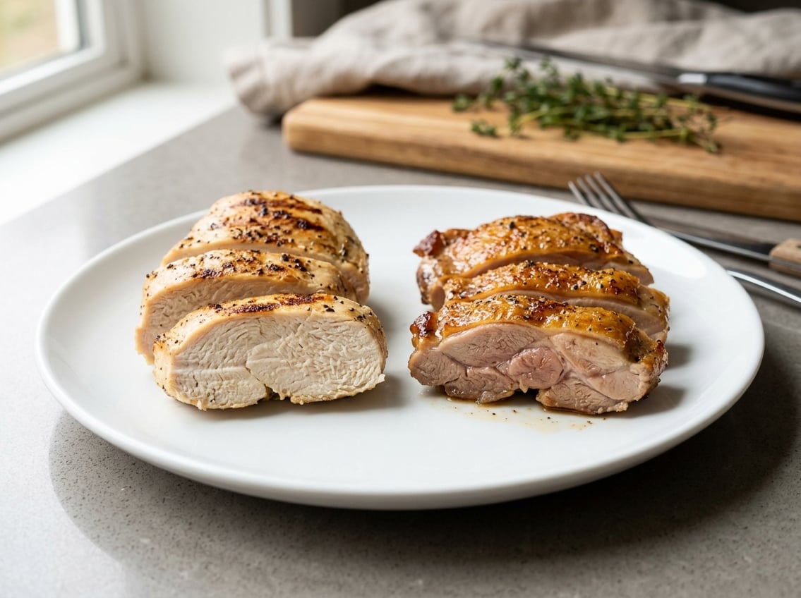 Close-up of cooked chicken breast and chicken thigh on a white plate showing texture and moisture differences.