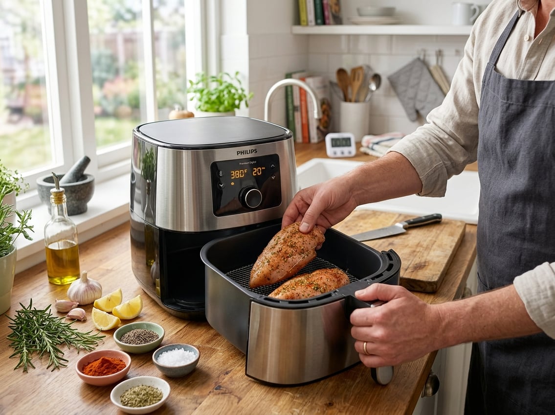 Hands placing seasoned chicken breasts into an air fryer basket on a kitchen countertop with fresh ingredients and cooking utensils nearby.