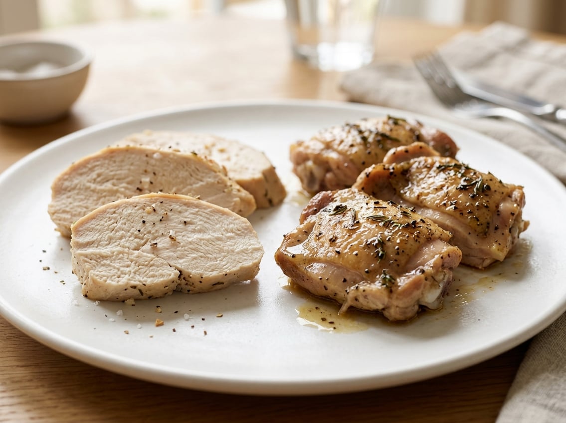 Close-up of cooked chicken breast and chicken thigh pieces on a white plate showing differences in texture and moisture.