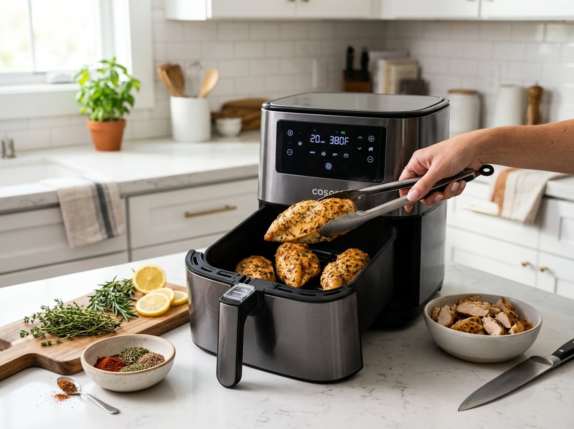 A person using an air fryer to cook chicken breast in a modern kitchen with fresh ingredients nearby.
