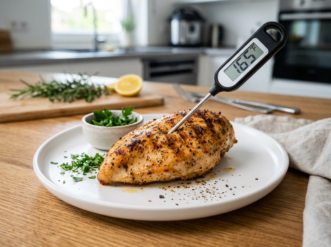 Close-up of a cooked chicken breast with a digital meat thermometer inserted, showing the internal temperature.