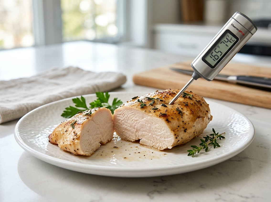 Close-up of a sliced cooked chicken breast on a plate with a meat thermometer inserted, on a kitchen countertop.