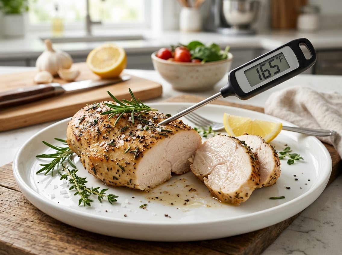 A sliced cooked chicken breast on a white plate with a meat thermometer inserted, surrounded by fresh herbs and ingredients on a kitchen countertop.
