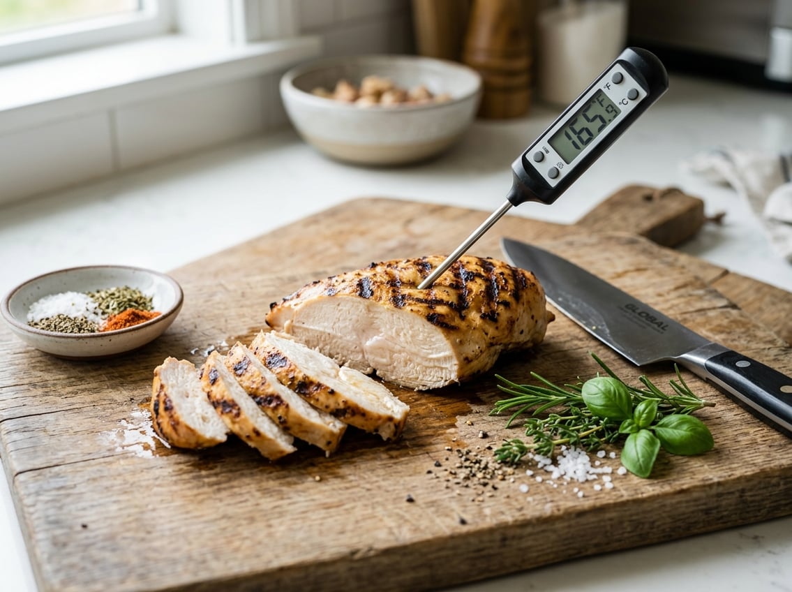 Close-up of a sliced cooked chicken breast with a meat thermometer inserted, placed on a cutting board with herbs and a knife nearby.
