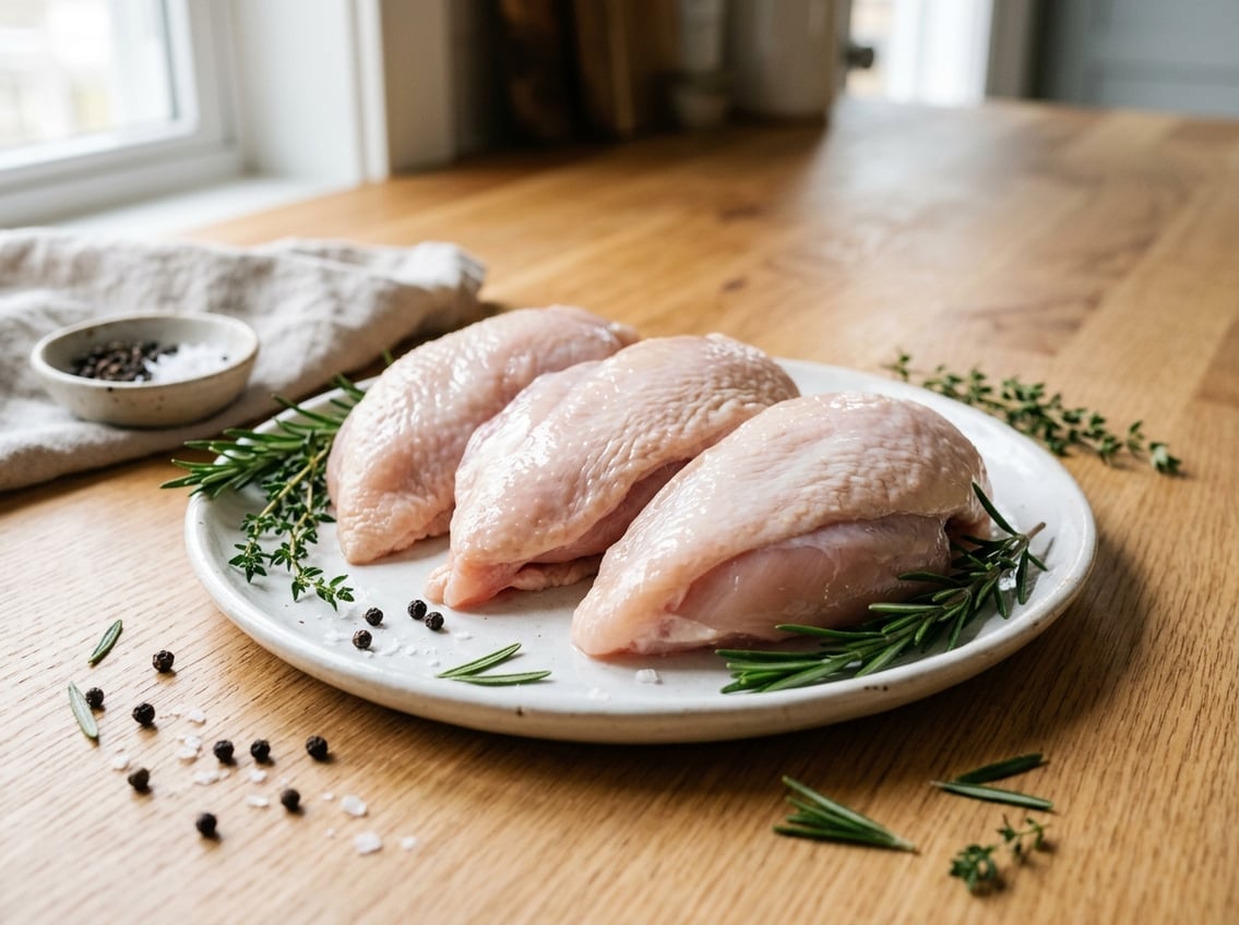 Close-up of raw boneless chicken breasts with skin on placed on a white plate with fresh herbs and peppercorns on a wooden countertop.