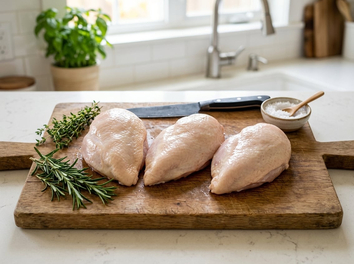 Fresh boneless chicken breasts with skin on arranged on a wooden cutting board with herbs and a knife in a kitchen.